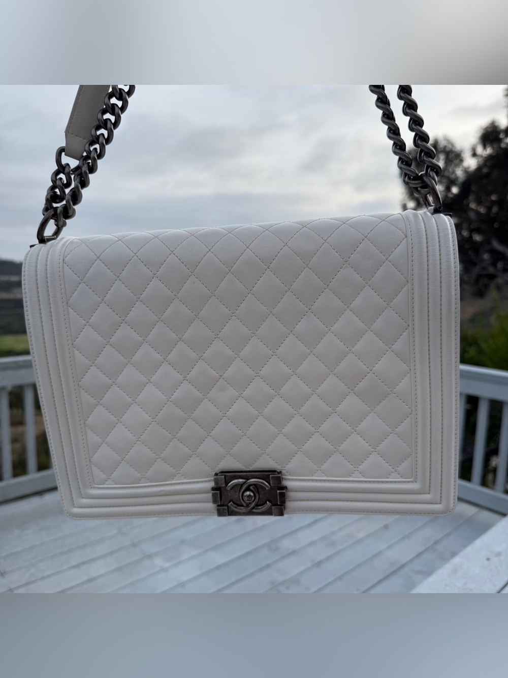 CHANEL Large Boy Flap Bag in Ivory Quilted Leather RHW+COA 18-series - Picture 11 of 13